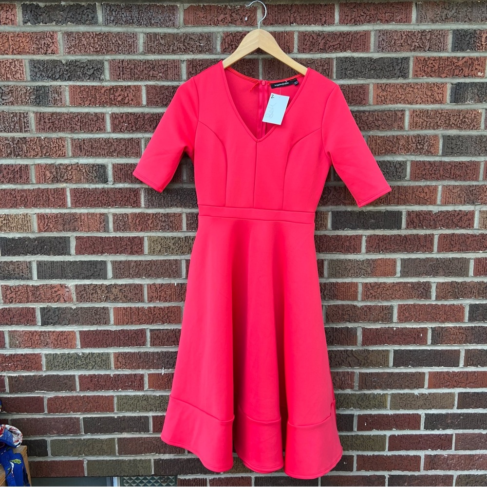 Hippie Chic Fuschia Pink V Neck 1/2 Sleeve  Scuba Knit Fit & Flare Dress